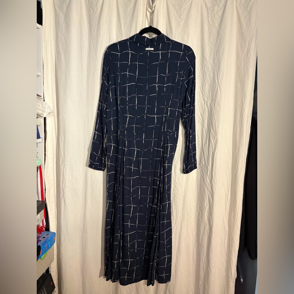 Women’s Navy Grid Long Sleeve long Dress